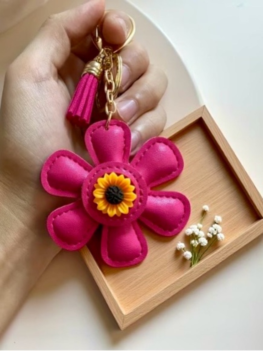 Stunning Pink Vegan Leather Sunflower Floral Tassel Bag Charm Keychain